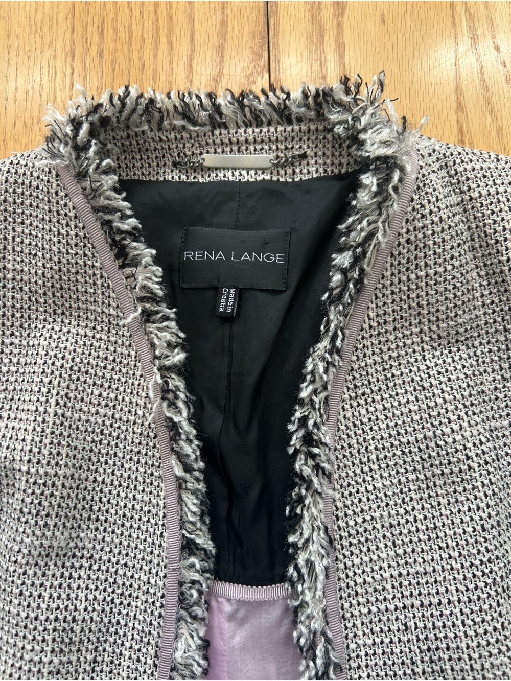 Rena Lange Open Front Fringe Tweed Jacket Women's US 12 Luxury Soft Blazer Lined - Picture 5 of 9
